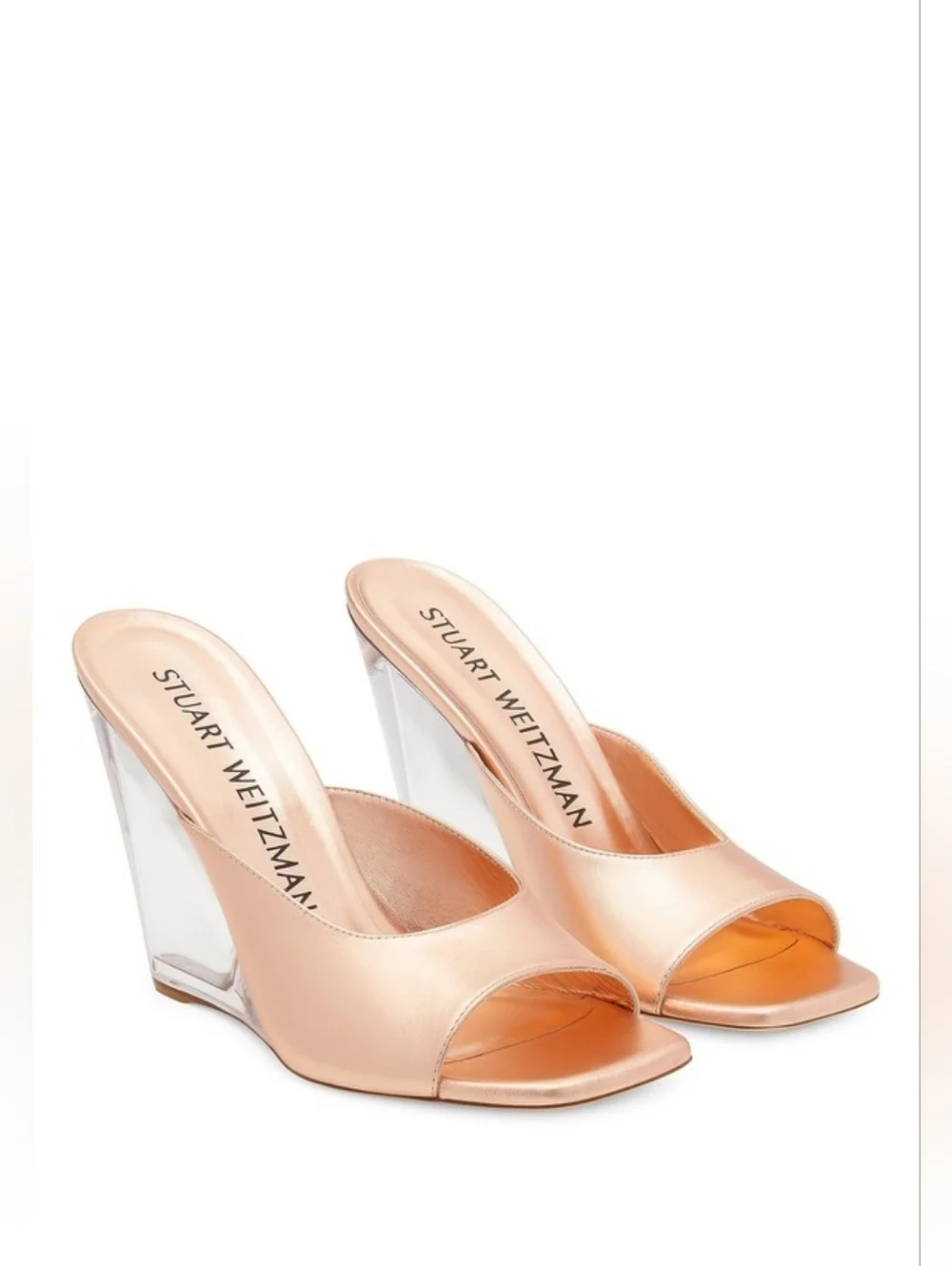 Stuart Weitzman 6.5 TIA 100 LUCITE WEDGE Rose Gold Metallic Leather Sandal - Picture 4 of 5